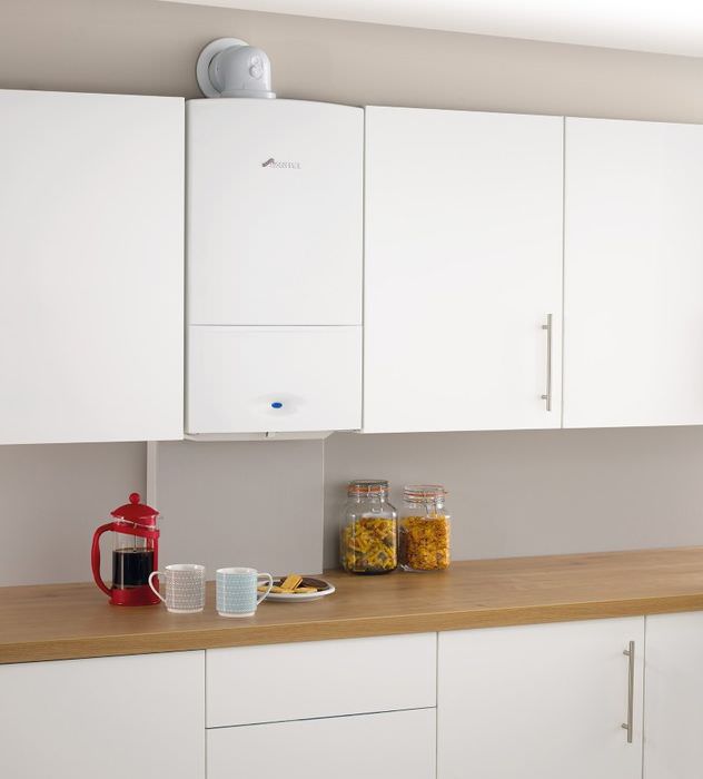 Интерьер кухни с белым газовым котлом между кухонными шкафчиками