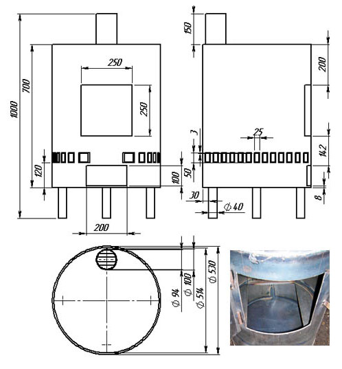 Буржуйка из трубы 530 с подачей вторичного воздуха