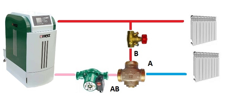 Схема применения трехходового смесительного клапана Herz Teplomix