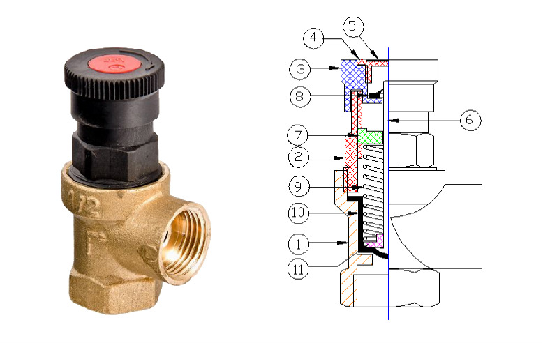 Конструкция предохранительного клапана Valtec VT.0490 диаметром ½.