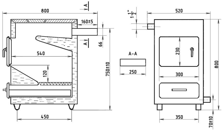 Чертеж с размерами для создания твердотопливного котла своими руками