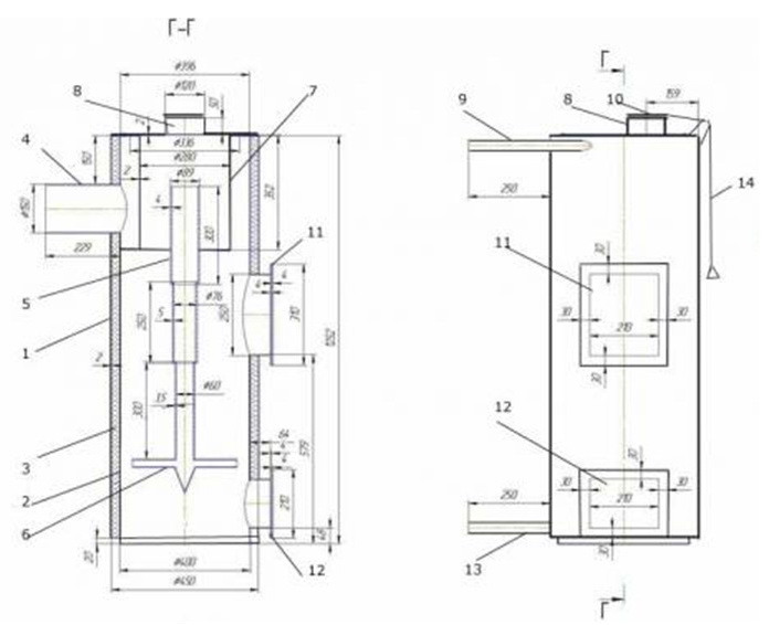 Котел для длительного горения - чертеж с размерами