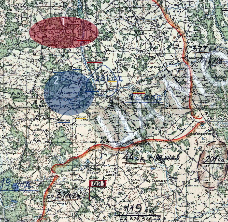 ​Джуксте, 16 февраля 1945 года. Районы воздушных боёв I./JG 54 и III./SG 3: 1 – бой групп 190-го ШАП и III./SG 3, 2 – бой групп 502-го ШАП и 2./JG 54. Синим подчёркиванием выделены цели 502-го ШАП, красным – 190-го ШАП, жёлтым – 622-го ШАП. - «Тьма опустилась над Курляндским котлом…» | Военно-исторический портал Warspot.ru