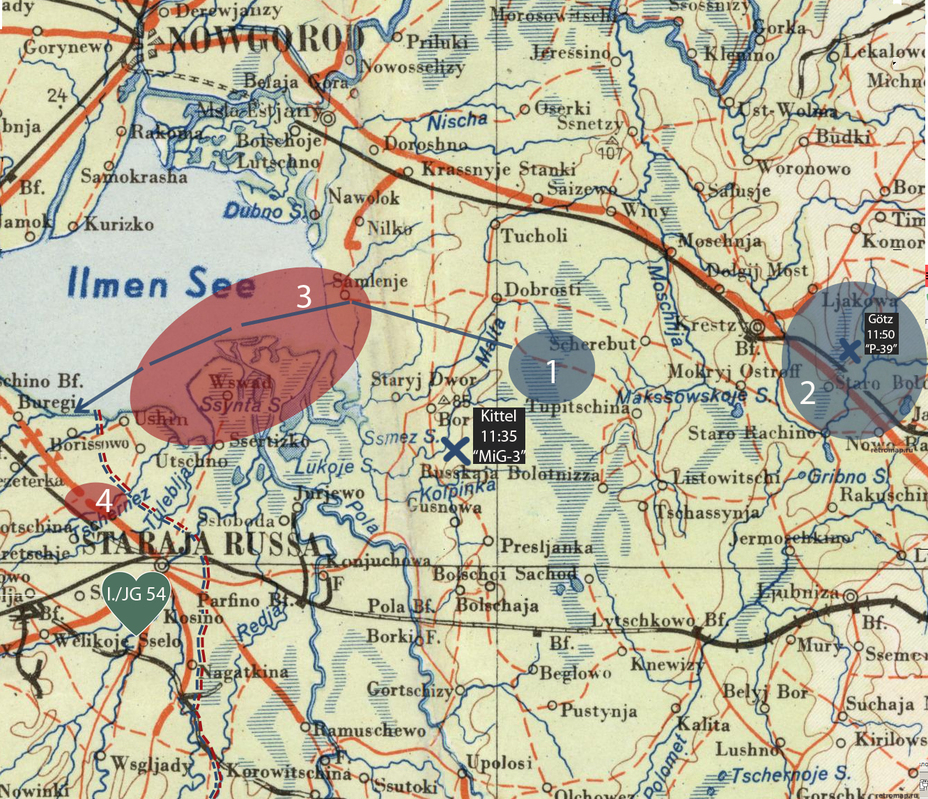 ​Условные обозначения: 1 – место вынужденной посадки Отто Киттеля, 2 – район боя 2./JG 54, в котором был сбит Рудольф Штемпер, 3 – бой 3./JG 54 с Пе-2 и P-40, 4 – цель бомбардировщиков, район деревень Крекша и Большая Казанка. Синей линией показан предположительный путь выхода Киттеля из-за линии фронта. - «Тьма опустилась над Курляндским котлом…» | Военно-исторический портал Warspot.ru